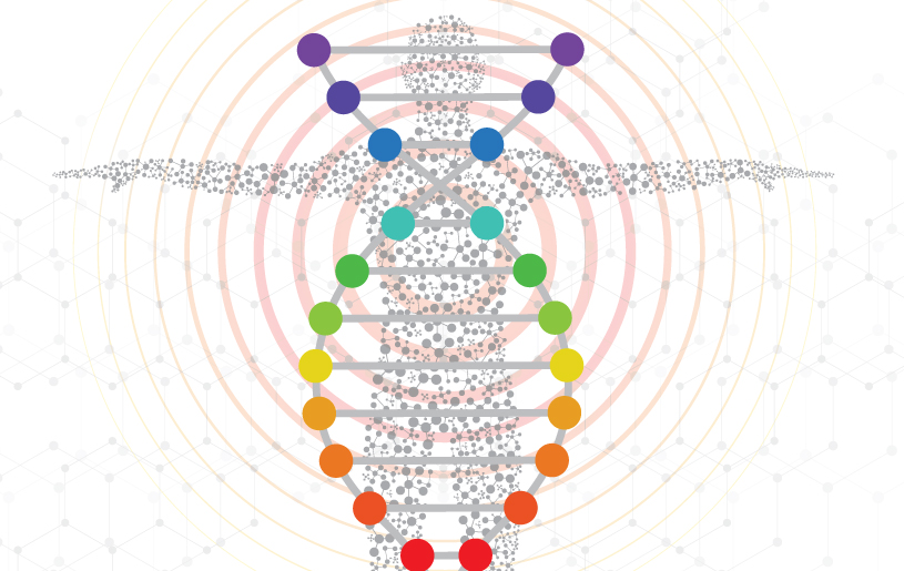DNA helix over dotted outline of a human