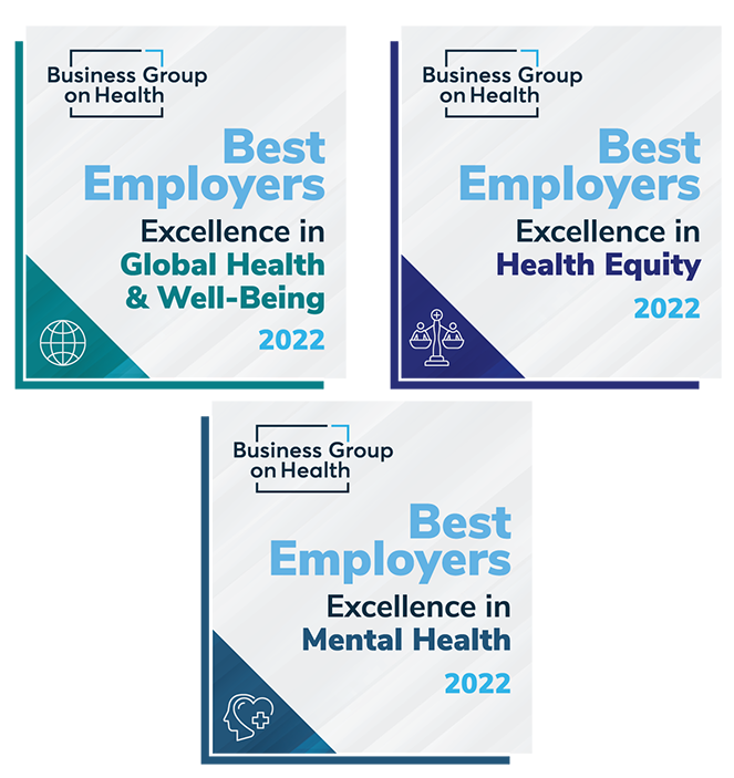 Best Employers Global Health & Well-being, Excellence in Health Equity, Excellence in Mental Health Award Seals
